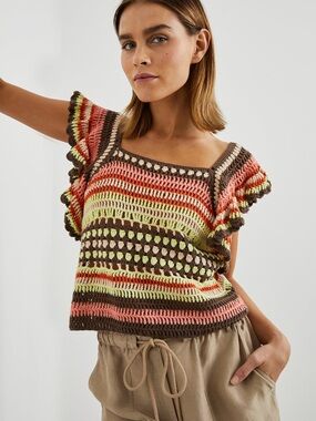 Rails Crochet Striped Flutter Sleeve Crop Top in Brown, Pink, Lime, Cream - L